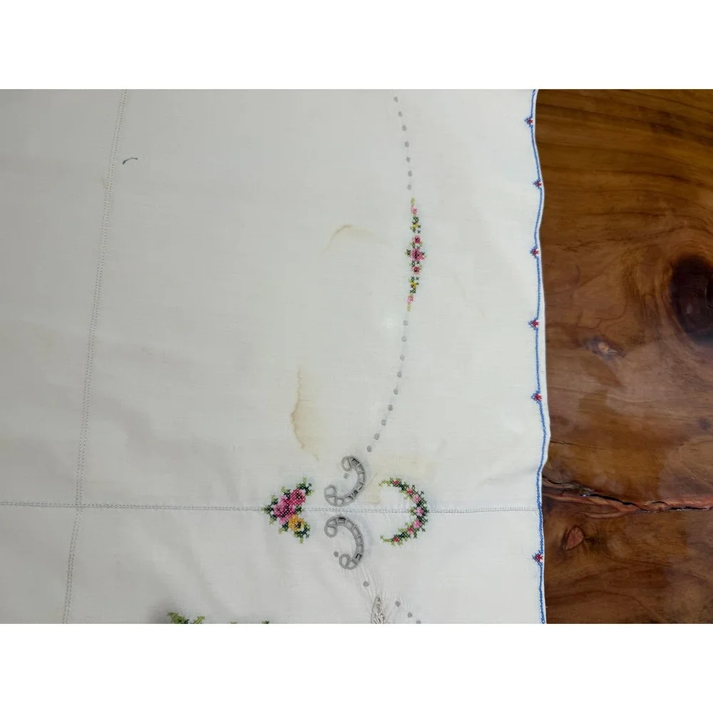 Vintage Hand Embroidered Cross Stitch Tablecloth Cotton Floral Crochet lace BB14